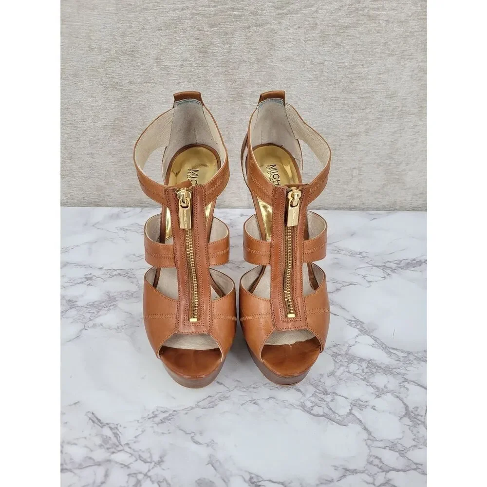 Michael Kors Berkley Tan Leather Platform Heels with Front Zip